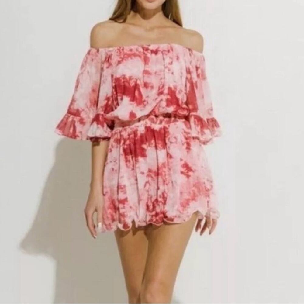 NWT La Ven Pink And White Tie Dye Off The Shoulder Romper Size XS